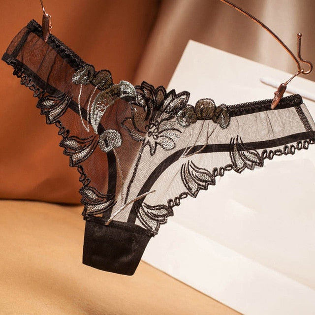 Sexy Lace Floral Thong Ladies Panties Embroidered Mesh Yarn Perspective Young Women Girls Underwear Hot T Pants G-String Thongs - Virtual Blue Store