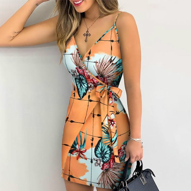 Summer Women Holiday Floral Leaves Print Bodycon V-neck Mini Dress Female Spaghetti Strap Bohemian Beachwear Bow Belt - Virtual Blue Store
