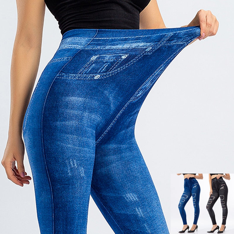 Women's Imitation Jeans Leggings Pants Stretchable Slim Fitness Leggings Faux Denim Jeans High Hips Sports Pencil Pants Casual - Virtual Blue Store