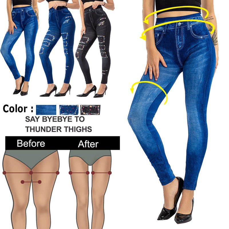 Women's Imitation Jeans Leggings Pants Stretchable Slim Fitness Leggings Faux Denim Jeans High Hips Sports Pencil Pants Casual - Virtual Blue Store