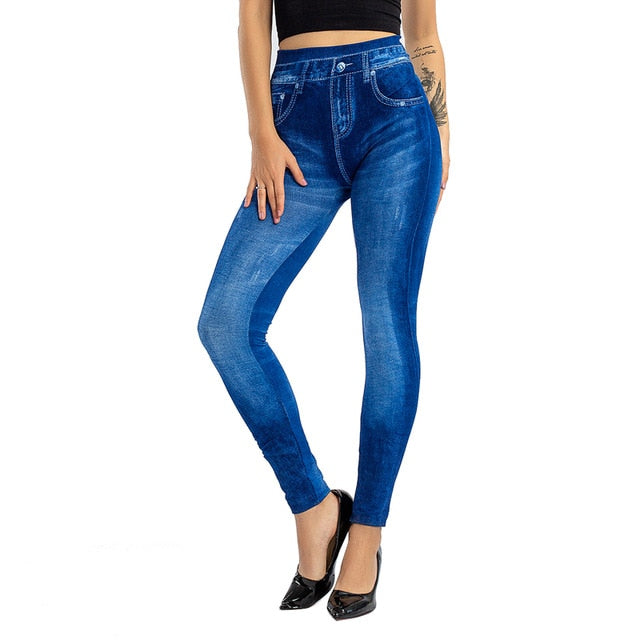 Women's Imitation Jeans Leggings Pants Stretchable Slim Fitness Leggings Faux Denim Jeans High Hips Sports Pencil Pants Casual - Virtual Blue Store