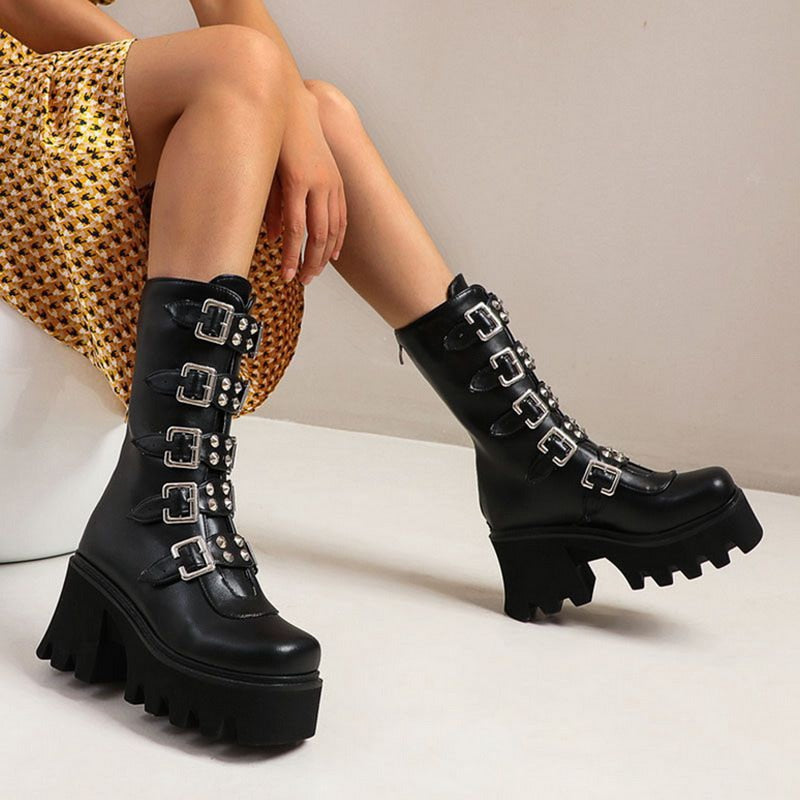 Women Combat Boots Antumn 2020 Female High Platform Gothic Shoes Black Leather Boots Lace up Women Knee High Boots - Virtual Blue Store