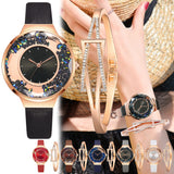 1 Set Bracelet & watch Genuine Leather Strap Shiny Quicksand stone Lady Layer Cowhide Belt Gold Women's Elegant Chain Watches - Virtual Blue Store