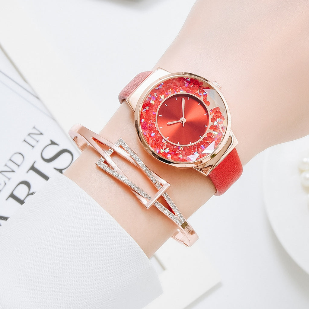 1 Set Bracelet & watch Genuine Leather Strap Shiny Quicksand stone Lady Layer Cowhide Belt Gold Women's Elegant Chain Watches - Virtual Blue Store