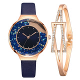 1 Set Bracelet & watch Genuine Leather Strap Shiny Quicksand stone Lady Layer Cowhide Belt Gold Women's Elegant Chain Watches - Virtual Blue Store