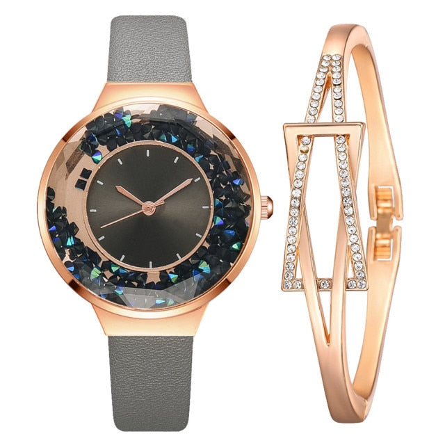 1 Set Bracelet & watch Genuine Leather Strap Shiny Quicksand stone Lady Layer Cowhide Belt Gold Women's Elegant Chain Watches - Virtual Blue Store