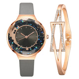 1 Set Bracelet & watch Genuine Leather Strap Shiny Quicksand stone Lady Layer Cowhide Belt Gold Women's Elegant Chain Watches - Virtual Blue Store