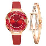 1 Set Bracelet & watch Genuine Leather Strap Shiny Quicksand stone Lady Layer Cowhide Belt Gold Women's Elegant Chain Watches - Virtual Blue Store