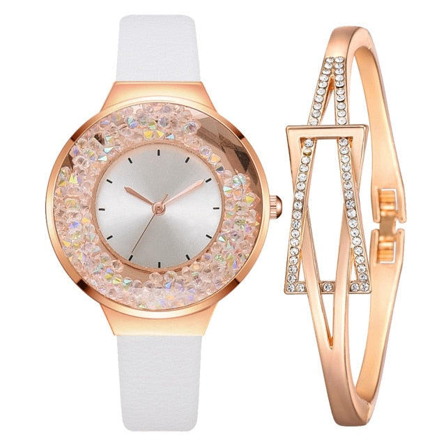 1 Set Bracelet & watch Genuine Leather Strap Shiny Quicksand stone Lady Layer Cowhide Belt Gold Women's Elegant Chain Watches - Virtual Blue Store