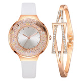 1 Set Bracelet & watch Genuine Leather Strap Shiny Quicksand stone Lady Layer Cowhide Belt Gold Women's Elegant Chain Watches - Virtual Blue Store