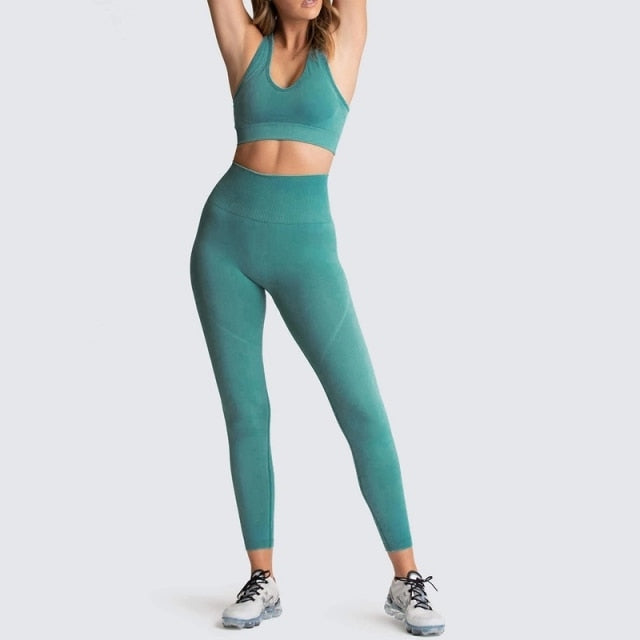 NEW 2 Piece Set Yoga Green Seamless Leggings Sports Bra Workout Gym Outfit  Set