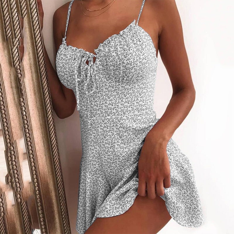 Plus Size Floral Ruffles Drawstring Mini Dress Summer Beach Clothes Y2K 5XL Sexy Boho Spaghetti Strap V-neck Dresses Clubwear - Virtual Blue Store