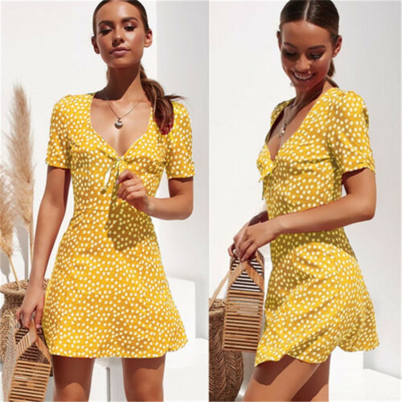 New Women Summer Casual Shorts Boho Floral Design Evening Party Dress V Neck Beach Dress Fashion Sexy Mini Dresses - Virtual Blue Store