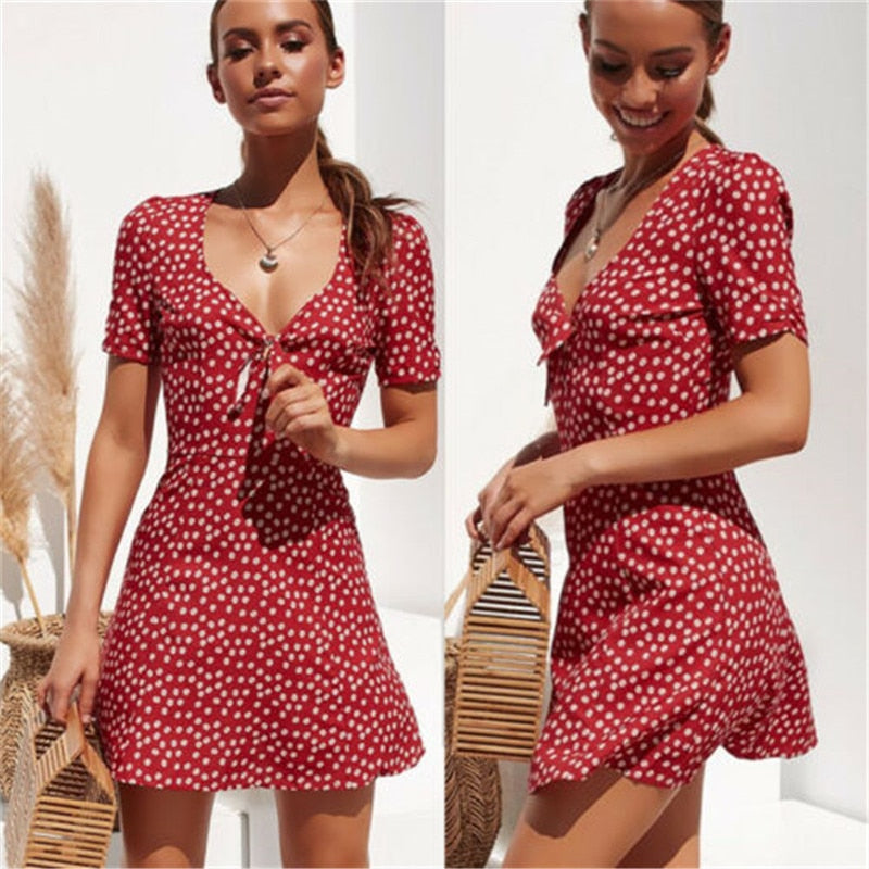 New Women Summer Casual Shorts Boho Floral Design Evening Party Dress V Neck Beach Dress Fashion Sexy Mini Dresses - Virtual Blue Store