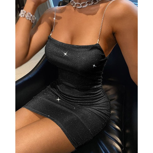 Dresses for Women Party Club Short Sexy Mini Dress Ladies Summer Fashion Sequins Rhinestone Spaghetti - Virtual Blue Store