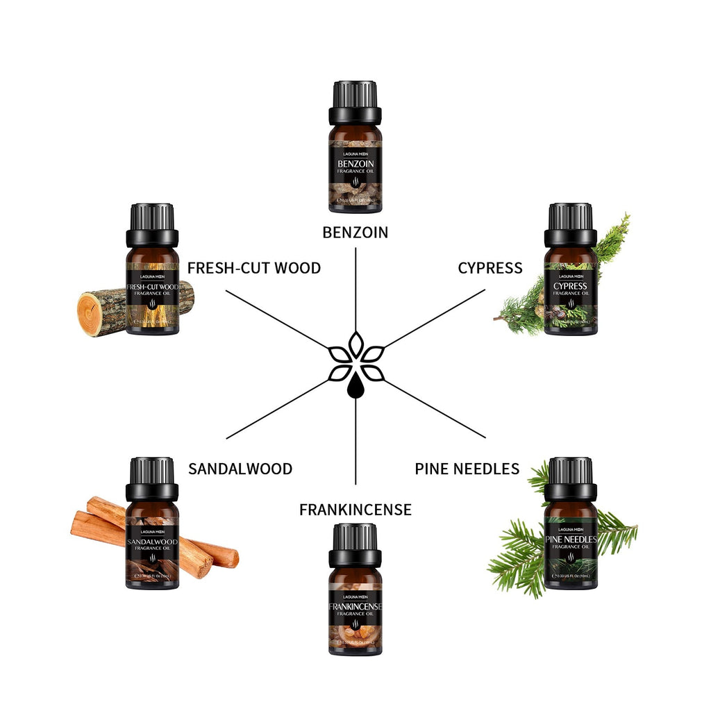 Lagunamoon 6pcs Gift Set Woody Premium Fragrance Oil 10ml Pine Needles Frankincense Sandalwood Fresh-cut Wood Benzoin Cypress - Virtual Blue Store