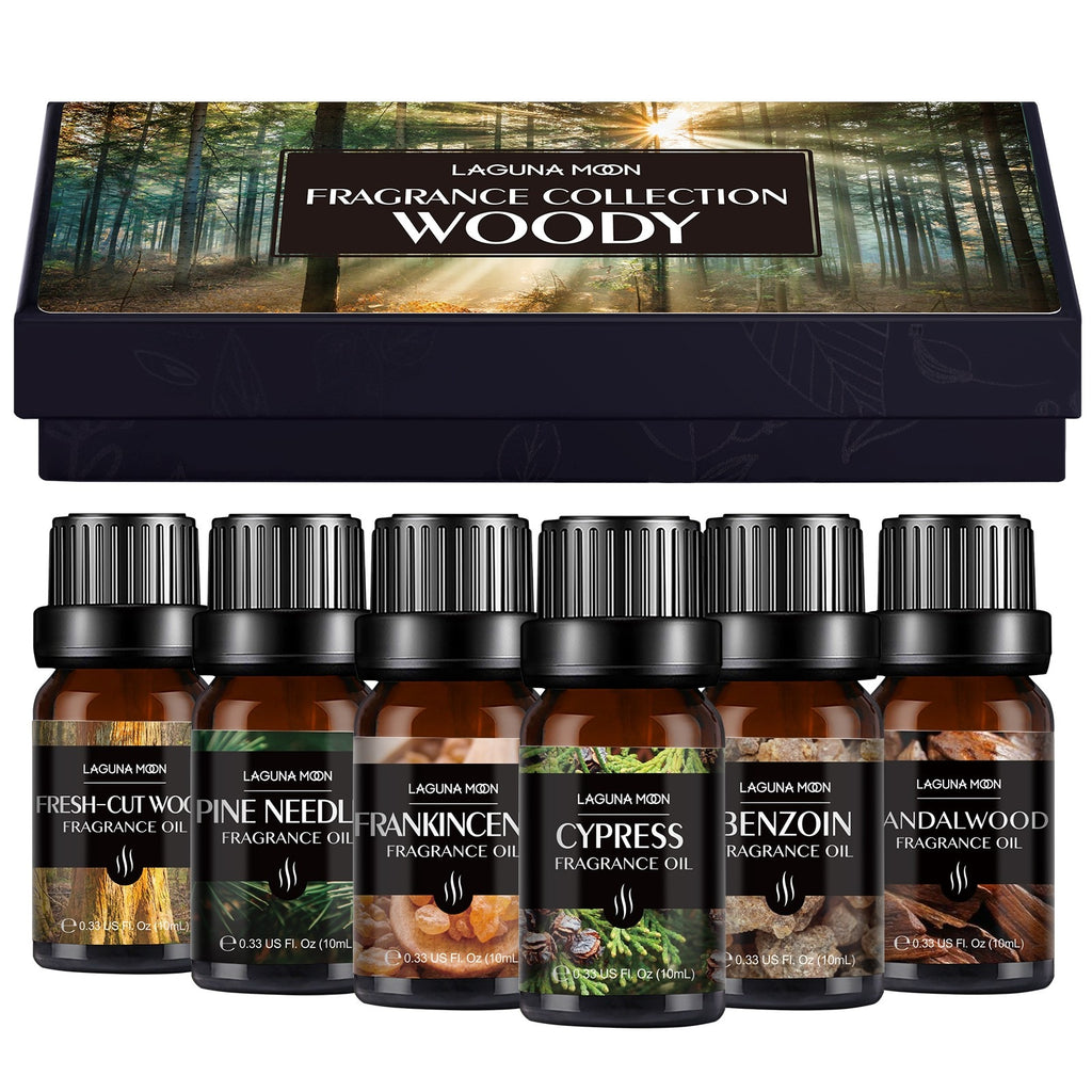 Lagunamoon 6pcs Gift Set Woody Premium Fragrance Oil 10ml Pine Needles Frankincense Sandalwood Fresh-cut Wood Benzoin Cypress - Virtual Blue Store