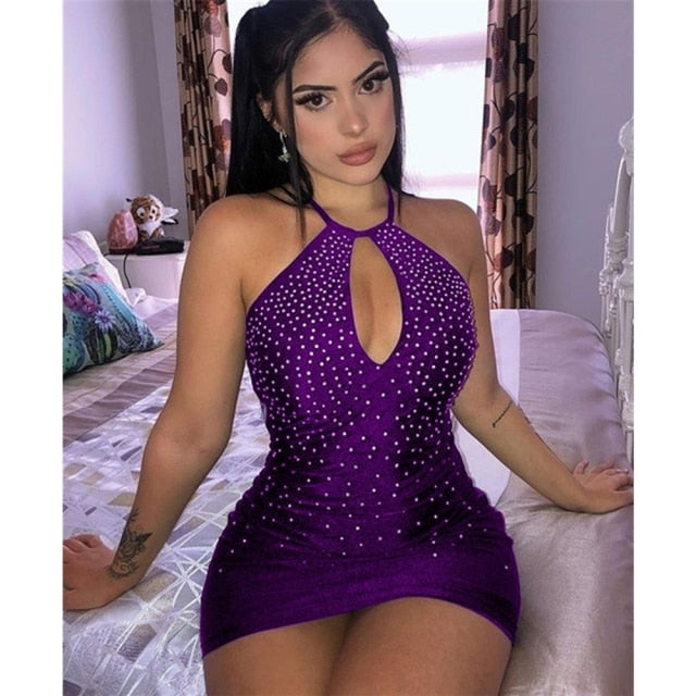 Summer Dress Women Diamonds Dress Sleeveless Halter Strapless Hollow Out Short Bodycon Dresses  Ladies Sexy Clubwear - Virtual Blue Store