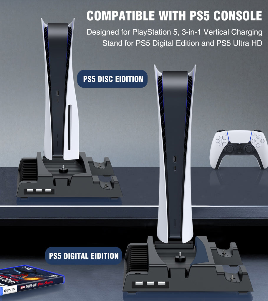 For PS5 Cooling Vertical Stand 2 Controller Charger Cooler Fan 13 Game Storage for Playstation5 Digital Edition/Ultra HD Console
