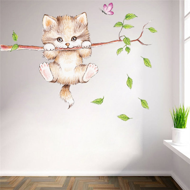 Cat Butterfly Tree Branch Wall Stickers - Virtual Blue Store