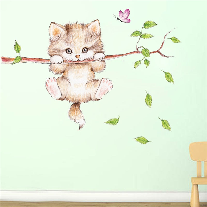 Cat Butterfly Tree Branch Wall Stickers - Virtual Blue Store