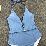 2025 Sexy Lace Up Halter Female Swimwear One Piece Swimsuit Women Backless Monokini with Waist Belt Bathing Suit Swim Bodysuit