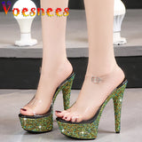 Color Rhinestones Crystal Party Shoes Nightclub Transparent Women Shoes Bling Chunky Heel Sandals Summer New Platform High Heels