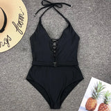 2025 Sexy Lace Up Halter Female Swimwear One Piece Swimsuit Women Backless Monokini with Waist Belt Bathing Suit Swim Bodysuit