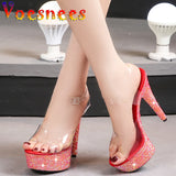 Color Rhinestones Crystal Party Shoes Nightclub Transparent Women Shoes Bling Chunky Heel Sandals Summer New Platform High Heels