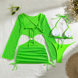 Mesh Sheer Long Sleeve Cover-Up Micro Bikini Female Swimsuit Women Swimwear Three-pieces Bikini Set Bathing Suit Swim Beach Wear
