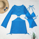 Mesh Sheer Long Sleeve Cover-Up Micro Bikini Female Swimsuit Women Swimwear Three-pieces Bikini Set Bathing Suit Swim Beach Wear