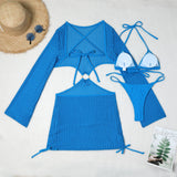 Mesh Sheer Long Sleeve Cover-Up Micro Bikini Female Swimsuit Women Swimwear Three-pieces Bikini Set Bathing Suit Swim Beach Wear