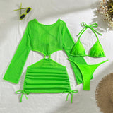 Mesh Sheer Long Sleeve Cover-Up Micro Bikini Female Swimsuit Women Swimwear Three-pieces Bikini Set Bathing Suit Swim Beach Wear