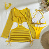 Mesh Sheer Long Sleeve Cover-Up Micro Bikini Female Swimsuit Women Swimwear Three-pieces Bikini Set Bathing Suit Swim Beach Wear