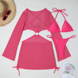 Mesh Sheer Long Sleeve Cover-Up Micro Bikini Female Swimsuit Women Swimwear Three-pieces Bikini Set Bathing Suit Swim Beach Wear
