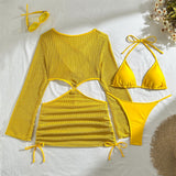 Mesh Sheer Long Sleeve Cover-Up Micro Bikini Female Swimsuit Women Swimwear Three-pieces Bikini Set Bathing Suit Swim Beach Wear