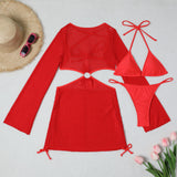 Mesh Sheer Long Sleeve Cover-Up Micro Bikini Female Swimsuit Women Swimwear Three-pieces Bikini Set Bathing Suit Swim Beach Wear