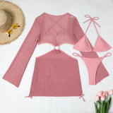 Mesh Sheer Long Sleeve Cover-Up Micro Bikini Female Swimsuit Women Swimwear Three-pieces Bikini Set Bathing Suit Swim Beach Wear