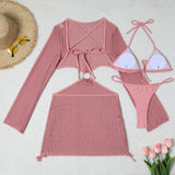 Mesh Sheer Long Sleeve Cover-Up Micro Bikini Female Swimsuit Women Swimwear Three-pieces Bikini Set Bathing Suit Swim Beach Wear