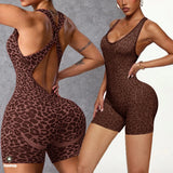 Pad Leopard Sports Yoga Set Jumpsuits Women Twist Back Shorts Bodysuit Female Tight Gym Running Fitness Overalls XP10