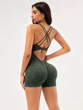 Women Leopard Print Spaghetti Strap Short Yoga Romper Scoop Neck Slim One Piece Fitness Bodysuit High Stretch Gym Workout Sport