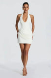 Halter Deep V Neck Sexy Mini Dress Women Elegant Sleeveless Backless Ruched Waist Bodycon Club Party Short Dresses