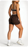 Women Leopard Print 2 Piece Yoga Set High Waist Butt Lift Biker Shorts Adjustable Strap Sports Bra Gym Workout Activewear
