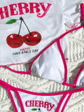 Cute Halter Bikini 3 Pieces Cherry Print 2026 Sexy & Fresh Feeling Bathing Suit Three-Piece Swimsuit Dark Blue Beach Swimwear