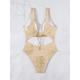 Sexy Golden Deep V Neck High Cut Leg Backless One Piece Swimsuit Women Swimwear Female Monokini Bather Bathing Suit Swim V6690