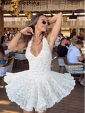 V Neck Halter Lace Mini Skirt Women Fashion Waist Cinched A Line Dress Backless Sleeveless Short Vestidos Summer Lady Dresses