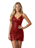 Hdsmfos Sparkly Sequin Homecoming Dresses 2026 for Women V Neck Spaghetti Strap Ruched Mini Party Dress
