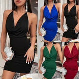 Sexy Halter Bodycon Dress Deep V Backless Ruched Slim Short Dress Royal Blue Clubwear Cocktail Dinner Party Dresses for Ladies