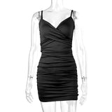 7 Color Sexy Wrinkled Pleated V Neck Sling Dress Short Club Ladies 2025 Summer Bodycon Dress Evening Party Tight Mini Dress D007