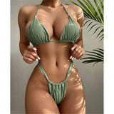 Sexy Wrinkled High Cut Thong Bikini Women Swimwear Female Swimsuit Two-Pieces Bikini Set Bather Bathing Suit Swim Lady V4010C